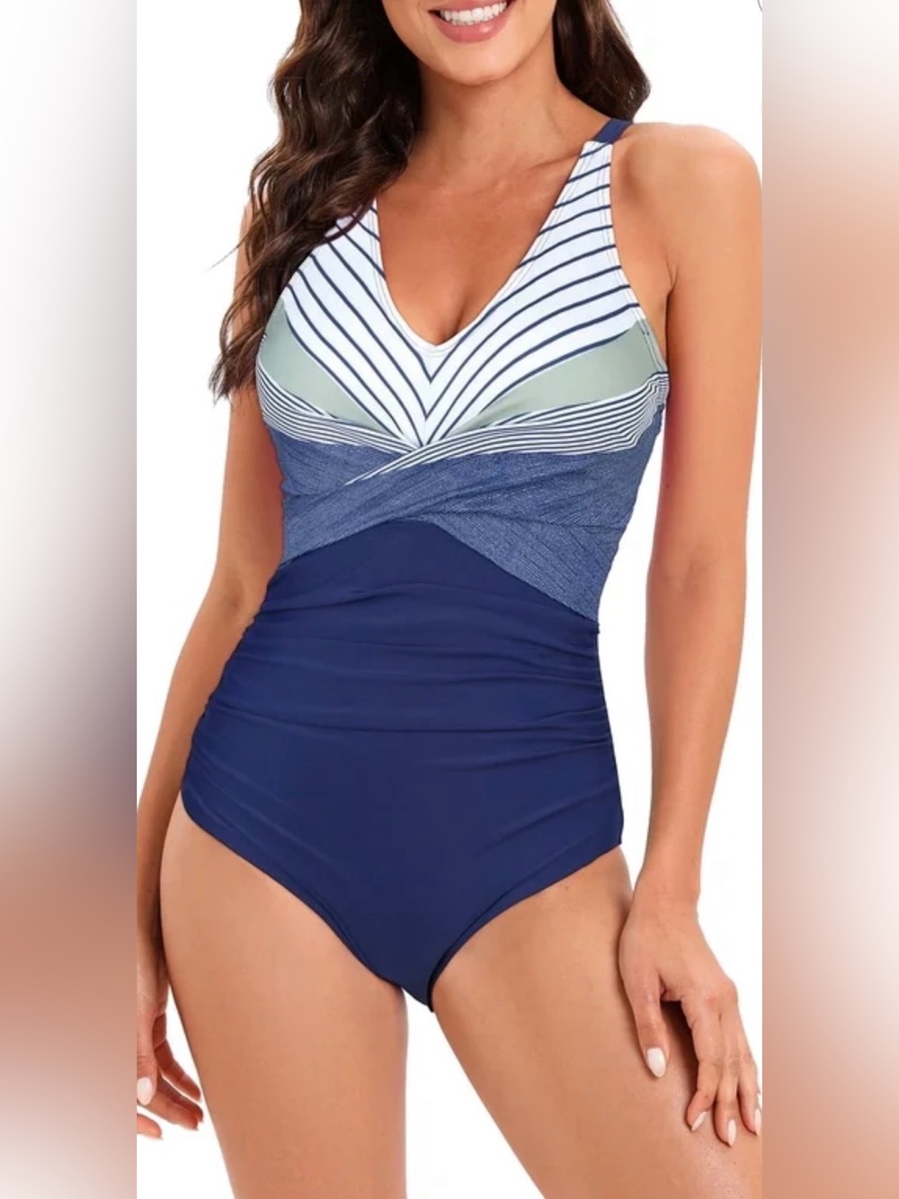 Amazon - Striped Navy Blue and White Ruched One-Piece Swimsuit - NWOT - M